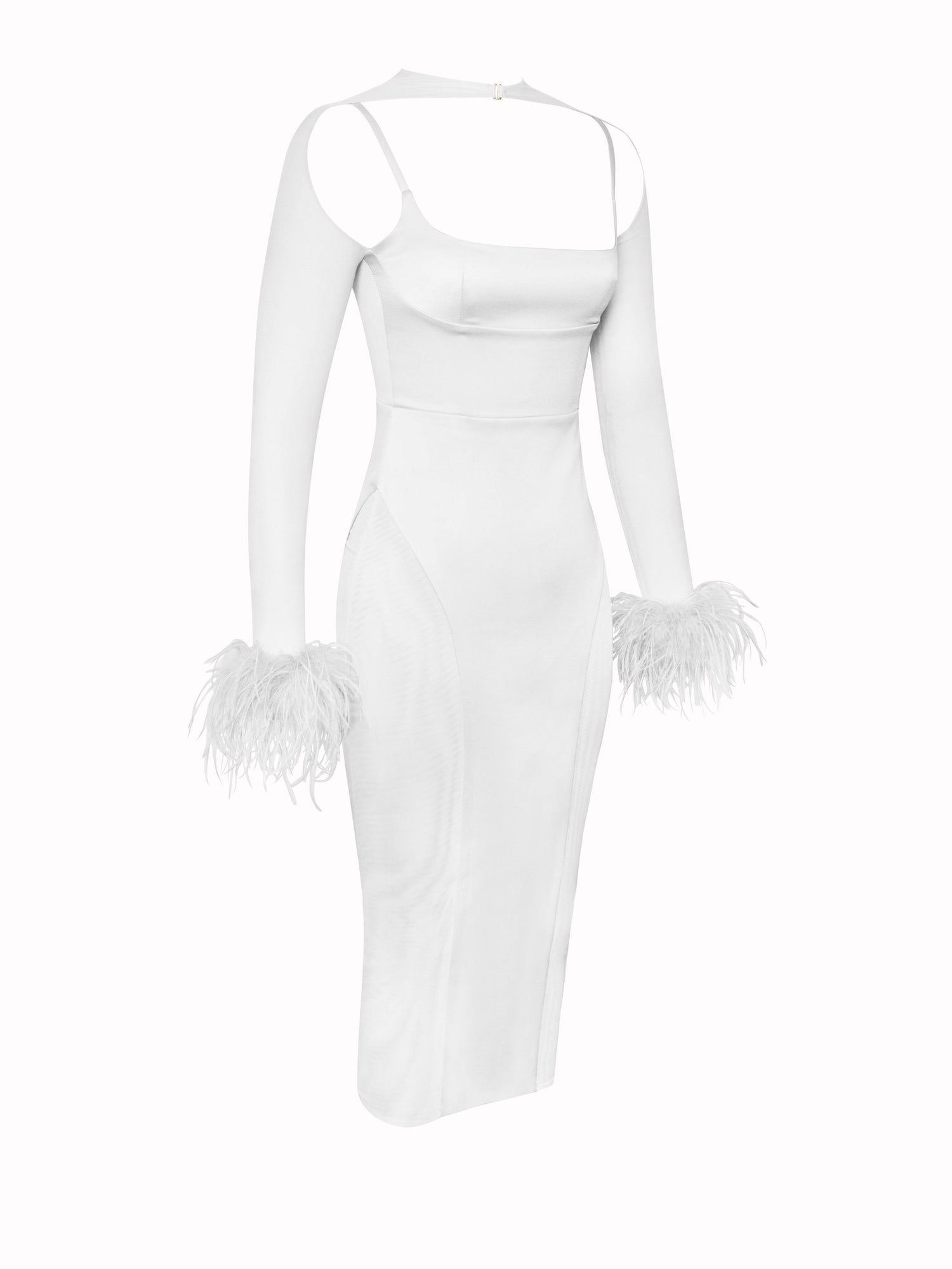 Oaklie Satin Mesh Sleeve Dress With Feathers | White