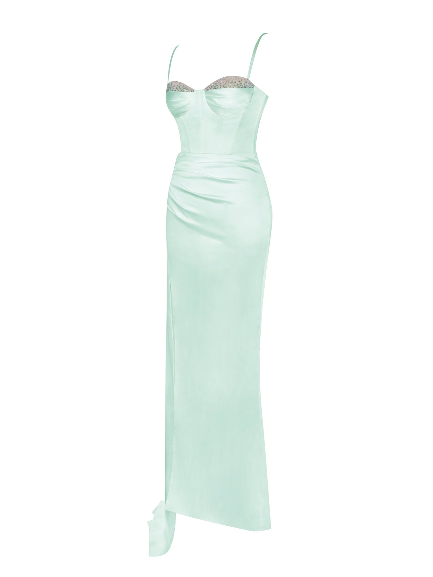 Vanity Satin High Slit Draping Corset Gown With Crystals | Mint