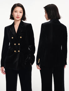Hip Length Velvet Silk Blazer | Black