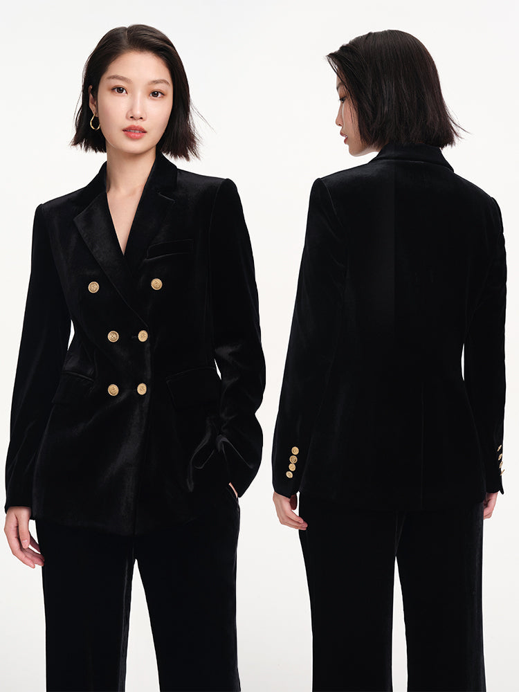 Hip Length Velvet Silk Blazer | Black