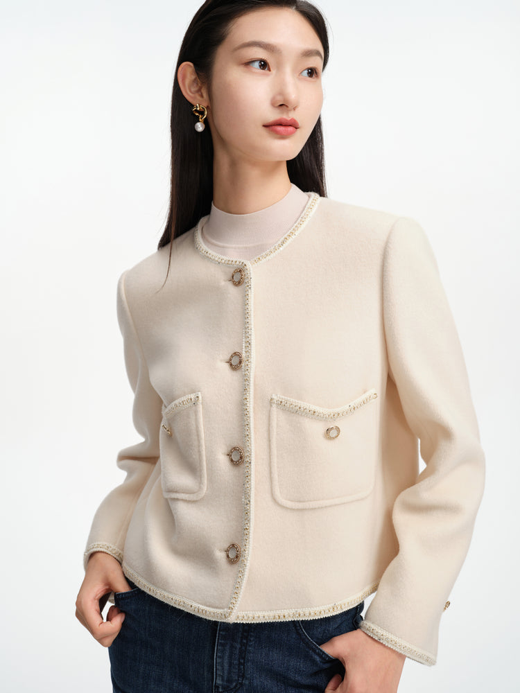 Trimmed Double Woolen Jacket | White