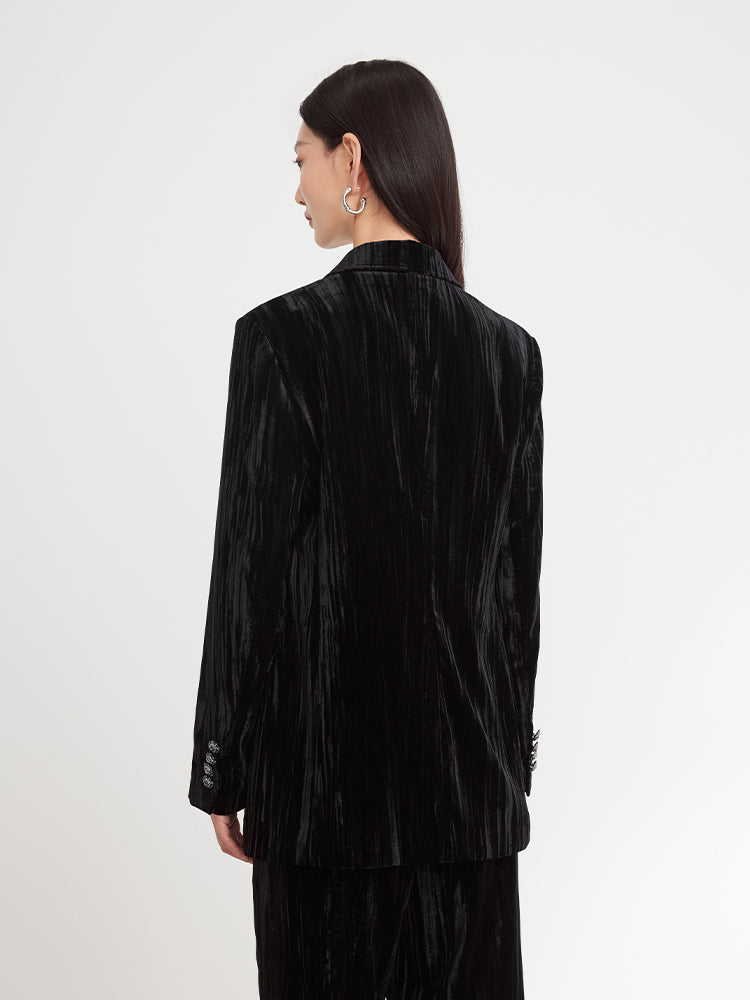 Velvet Pleated Blazer | Black