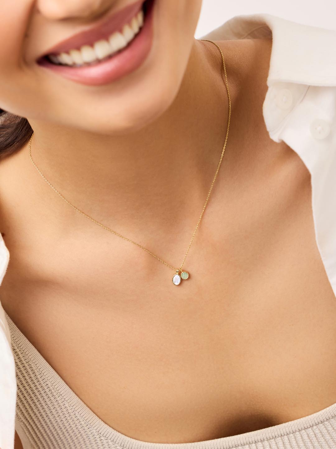 Charm Necklace - Tallulah | 14K Gold on Brass + Cubic Zirconia/Mother Of Pearl/Amazonite