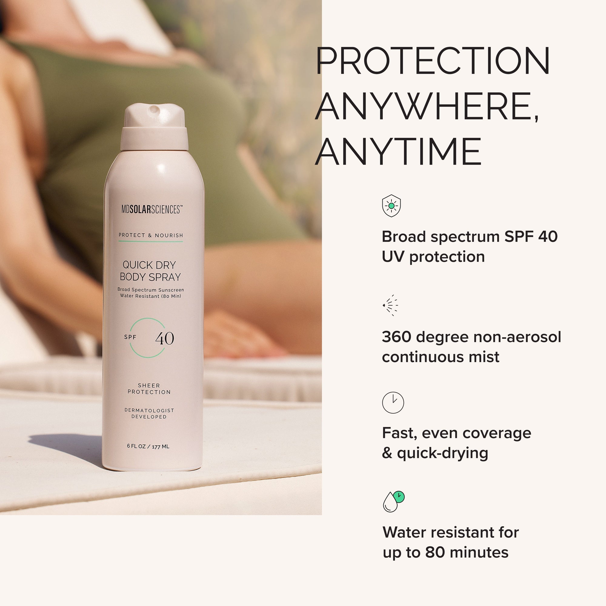 UVA Solar Sciences sunscreen spray bottle with product features