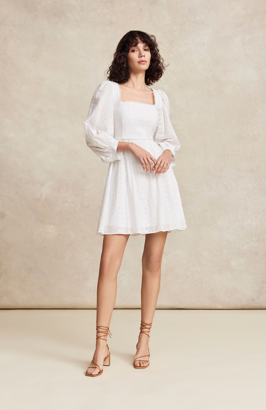 Embroidered Voile Square Neck Dress | Ivory