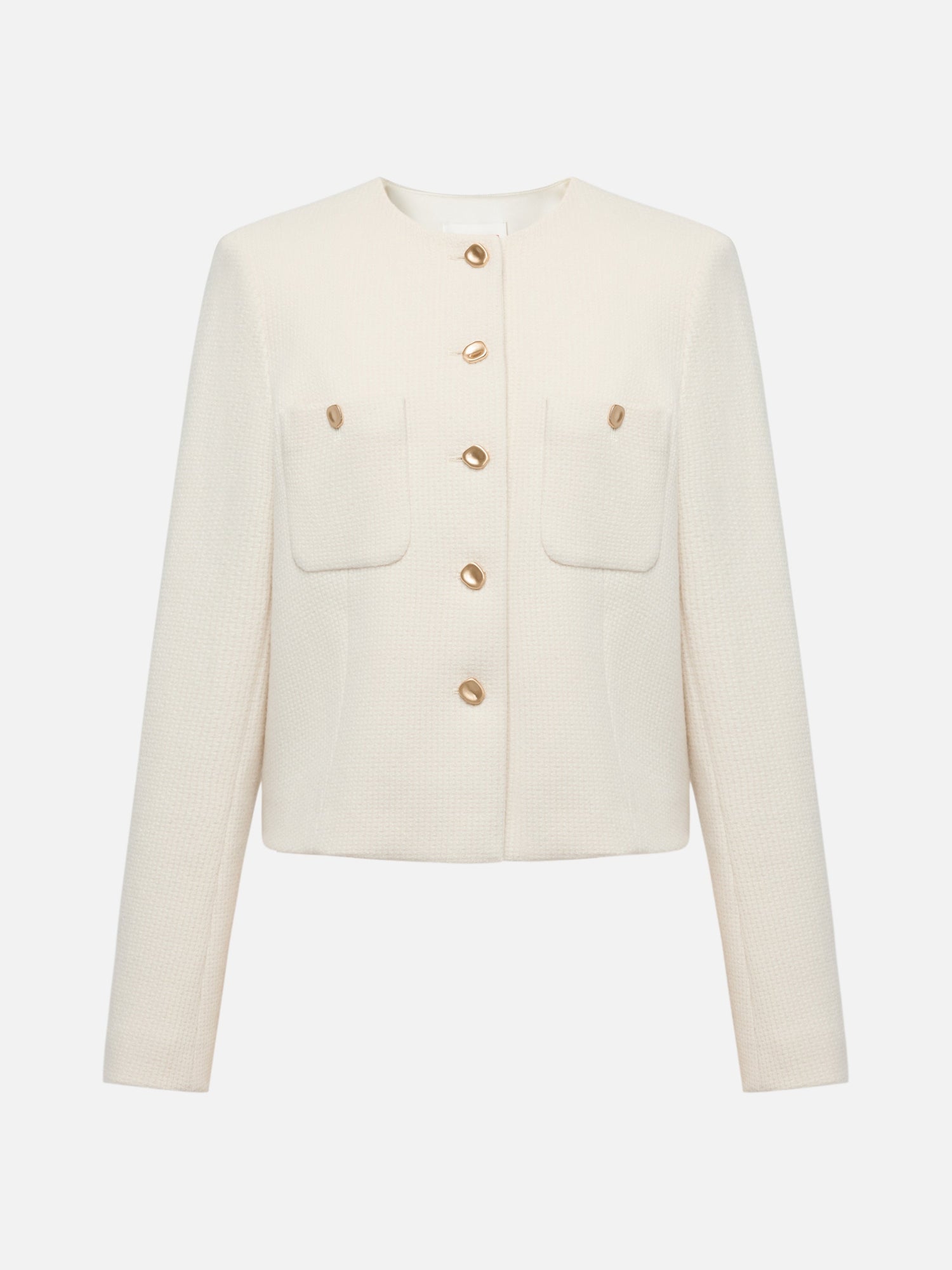 Tweed-Style Plaid Collarless Jacket | White