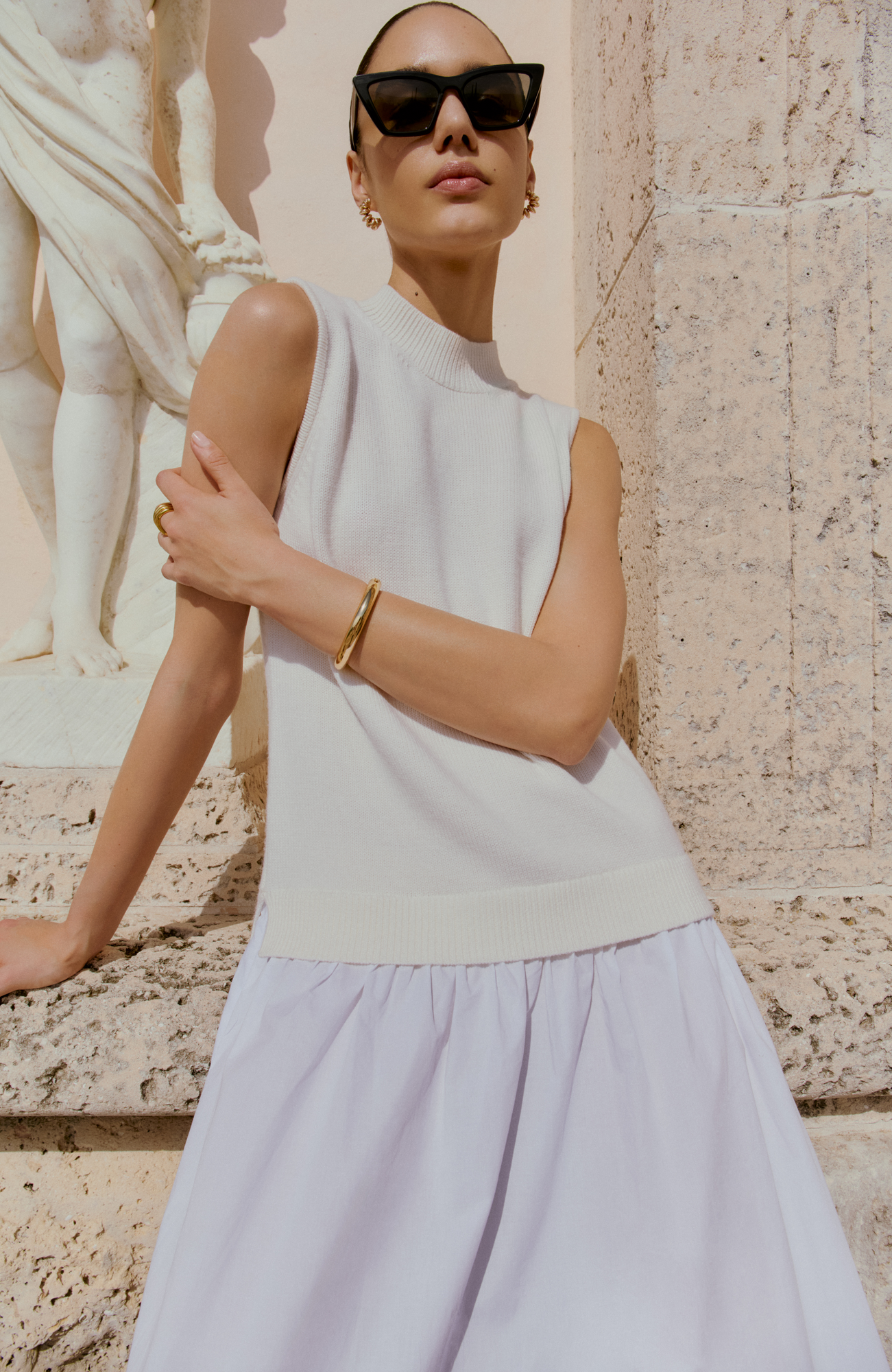 Poplin Combo Midi Knit Dress | Bone