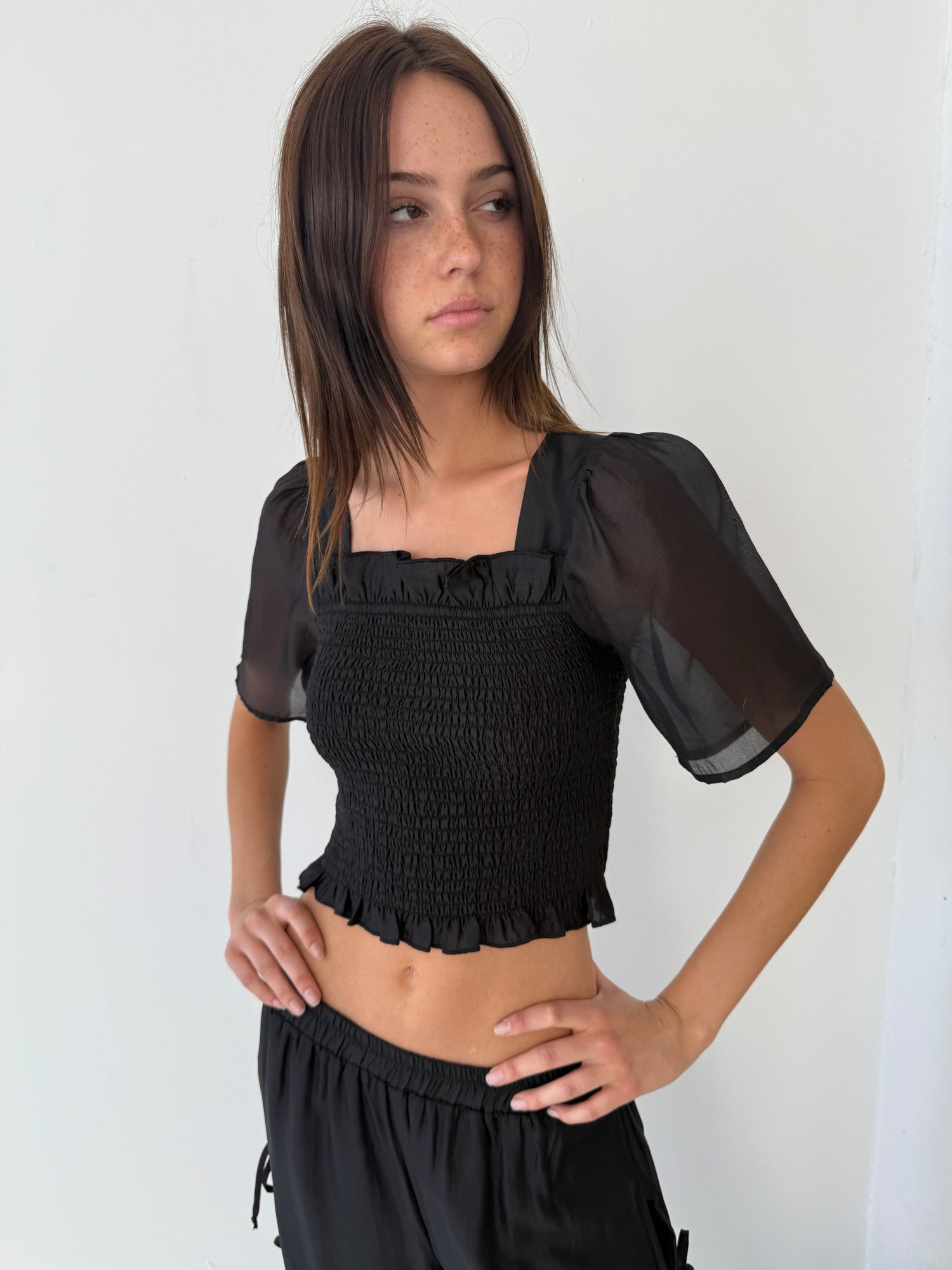 Toni Smocked Top | Black Organza