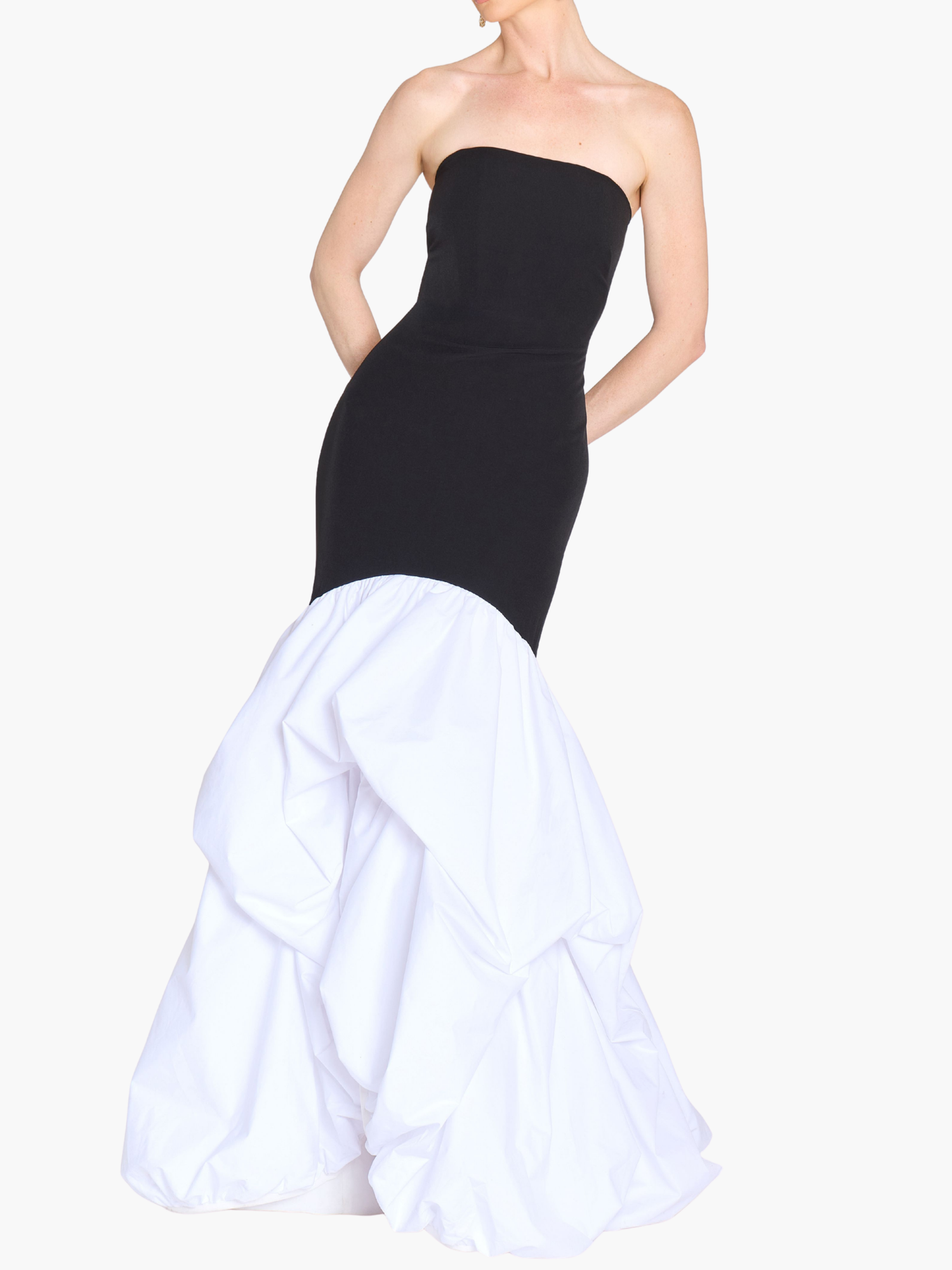 Strapless Drop Waist Mermaid Taffeta Pouf Gown | Black/White