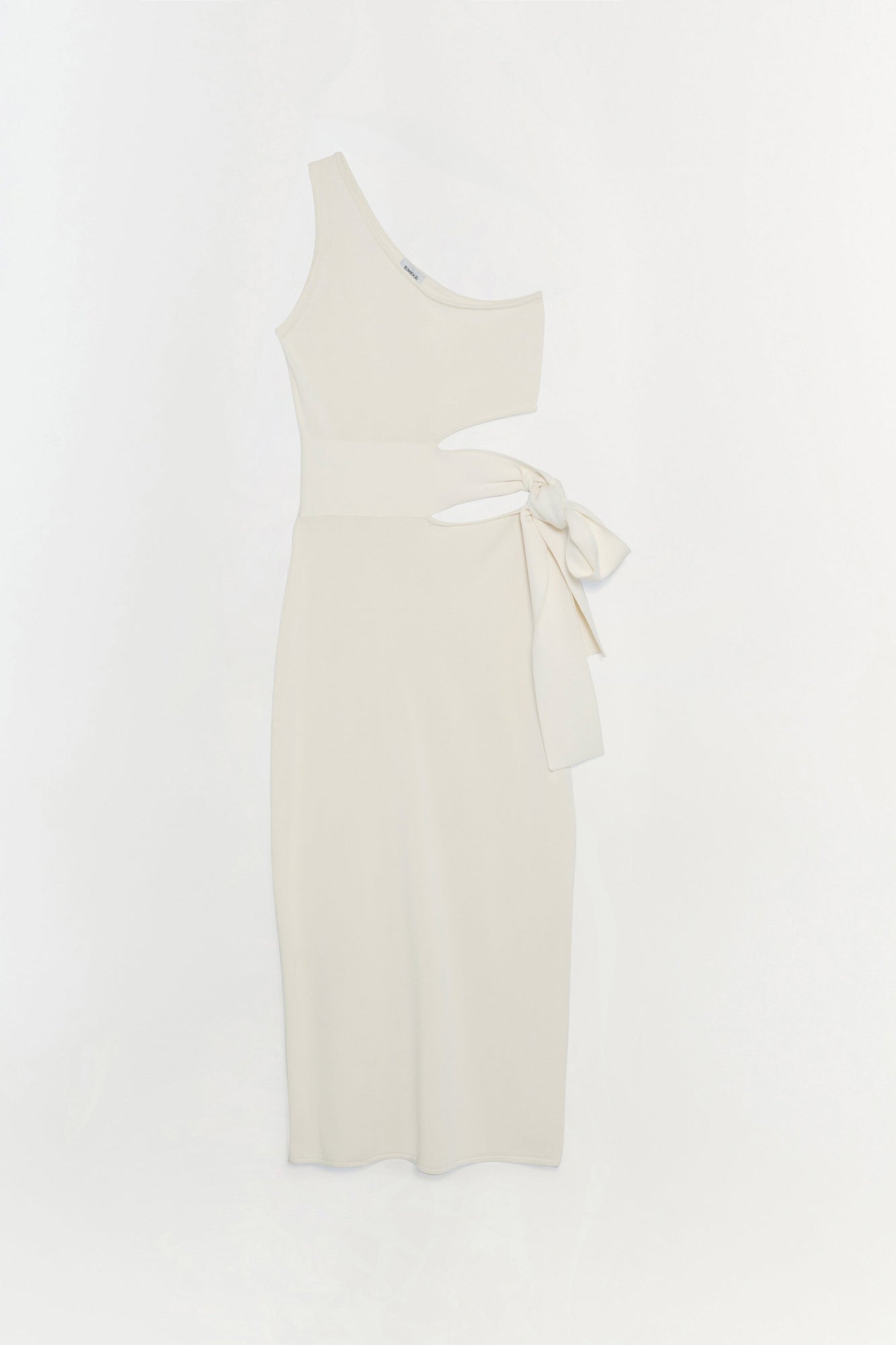 Cream sleeveless dress with asymmetrical neckline, cutout waist detail, and tied side sash.