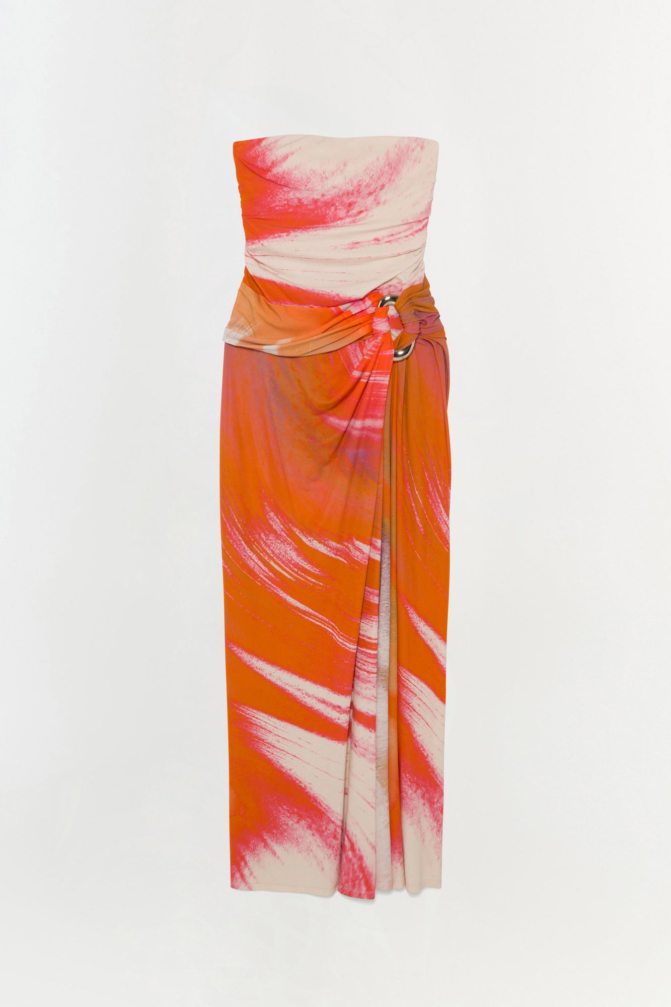 Strapless jersey gown with orange and pink watercolor print, ruched bodice, and side-tied waist detail.