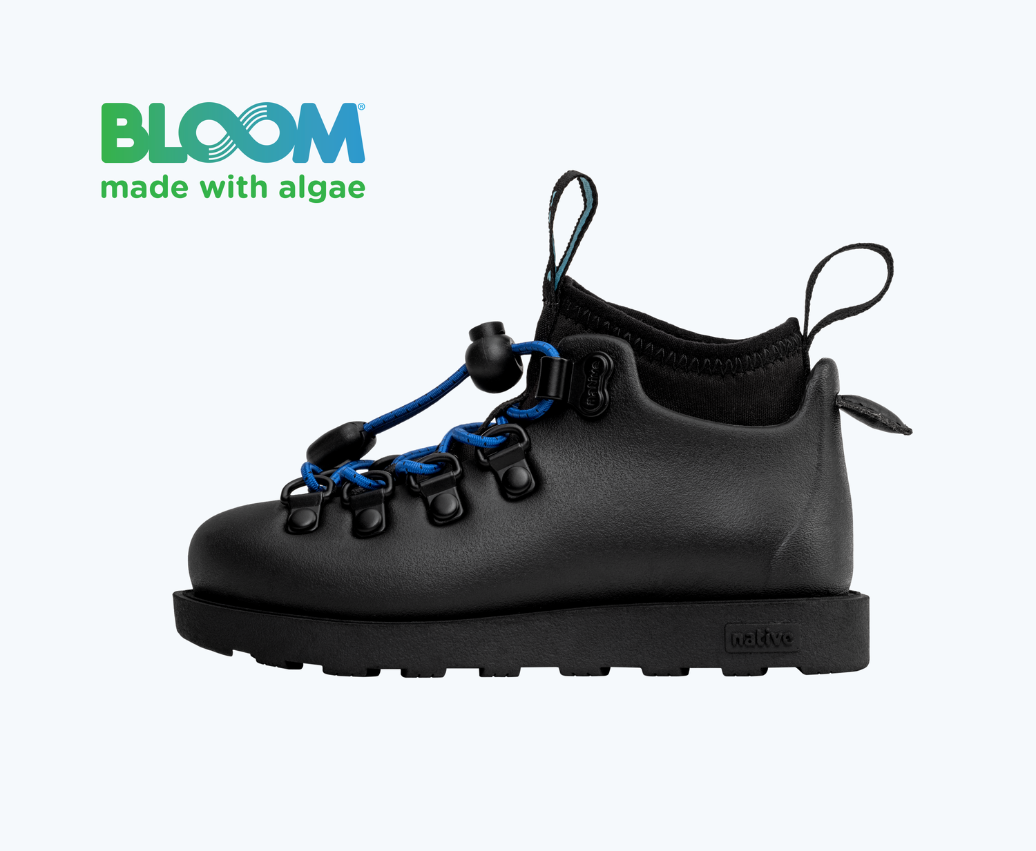 Side view of a Native Shoes Kids Fitzsimmons Citylite Bloom Kids | Jiffy Black/ Jiffy Black/ Victoria Blue Footwear