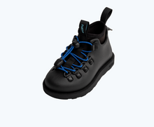 Angled view of a Native Shoes Kids Fitzsimmons Citylite Bloom Kids | Jiffy Black/ Jiffy Black/ Victoria Blue Footwear