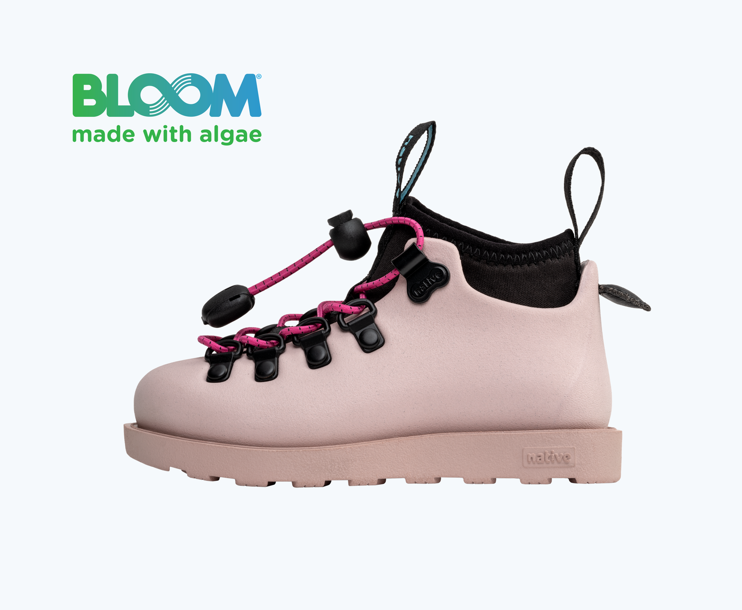 Side view of a Native Shoes Kids Fitzsimmons Citylite Bloom Kids | Chameleon Pink/ Chameleon Pink/ Jiffy Black Footwear