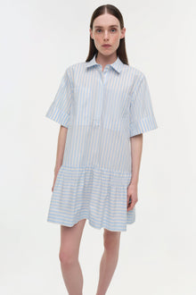 Blue and white striped cotton shirt dress with short sleeves and gathered skirt hem.