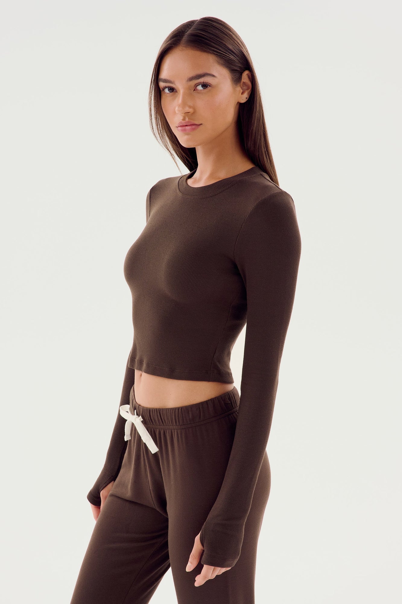 Louise Rib Long Sleeve Crop | Dark Chocolate