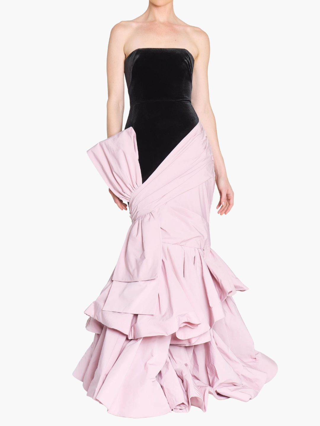 Stretch Velvet Strapless Gown With Draped Cotton Structure | Black/Blush