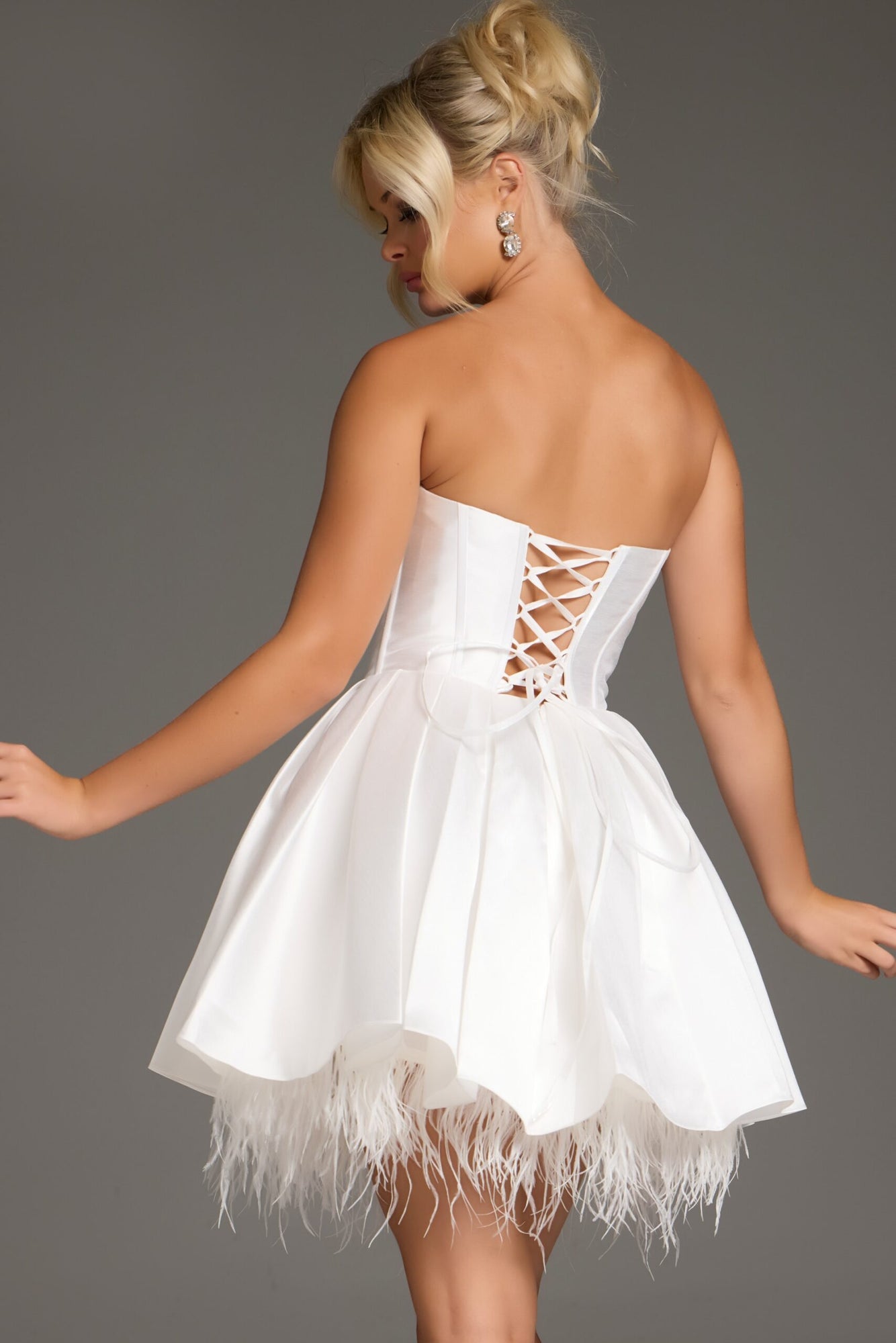 Strapless Corset Mini Dress with Feathered Hem | White