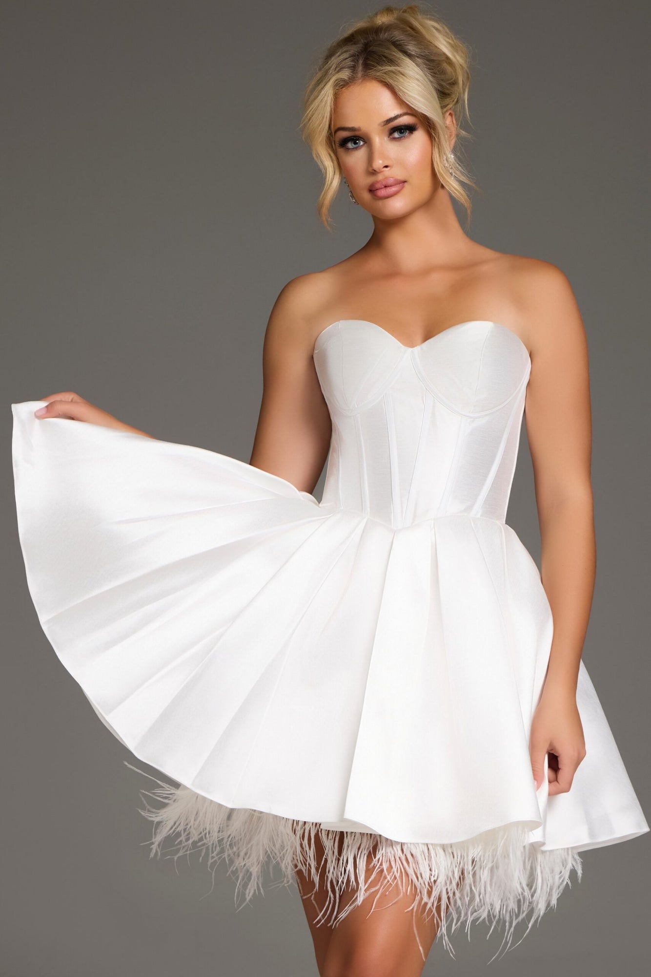 Strapless Corset Mini Dress with Feathered Hem | White