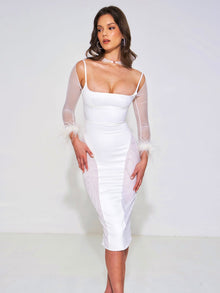 Oaklie Satin Mesh Sleeve Dress With Feathers | White