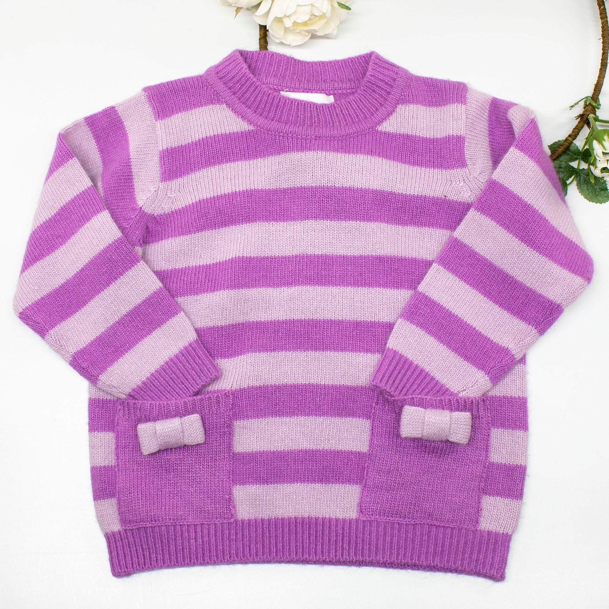 Kids | Knit Striped Sweater with Bows | Lilac/Wisteria