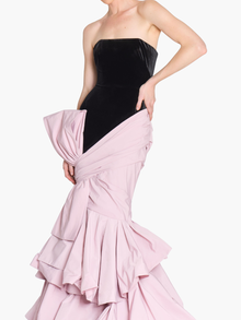 Stretch Velvet Strapless Gown With Draped Cotton Structure | Black/Blush