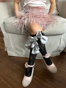 Lola Lace Socks with Satin Bows Bow | Black & Silver