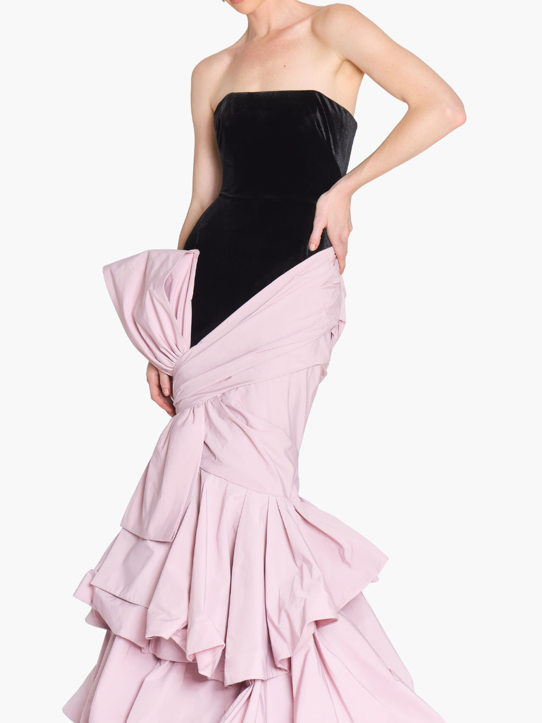 Stretch Velvet Strapless Gown With Draped Cotton Structure | Black/Blush