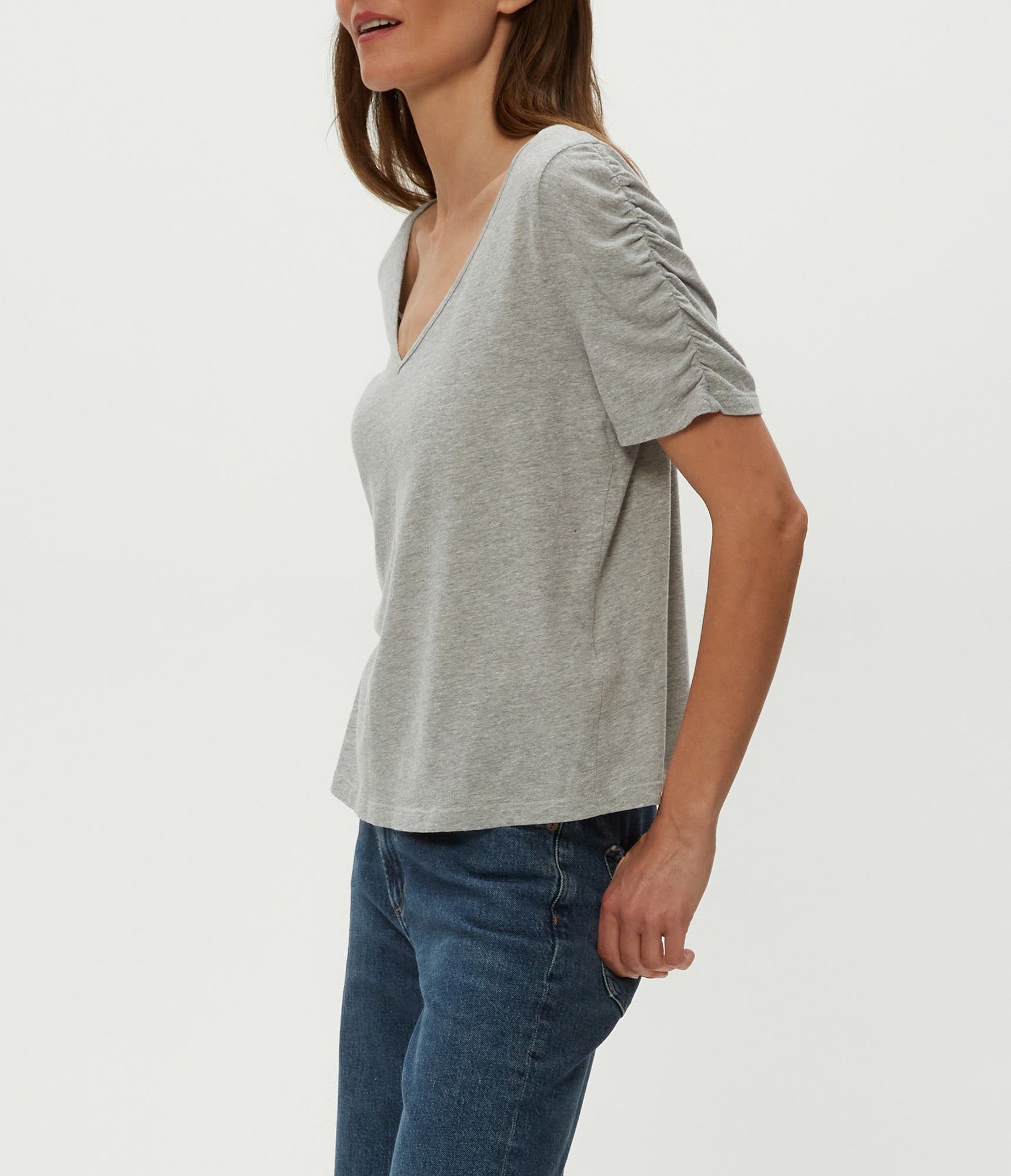 Josie V-Neck Ruched Tee | Heather Grey