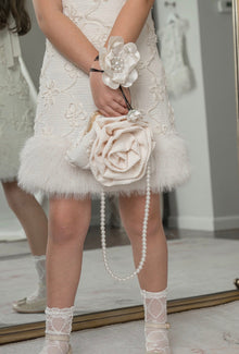Girl | Evangeline Ivory Flower Tie With Pearl Center and Flower Tassels | Champagne