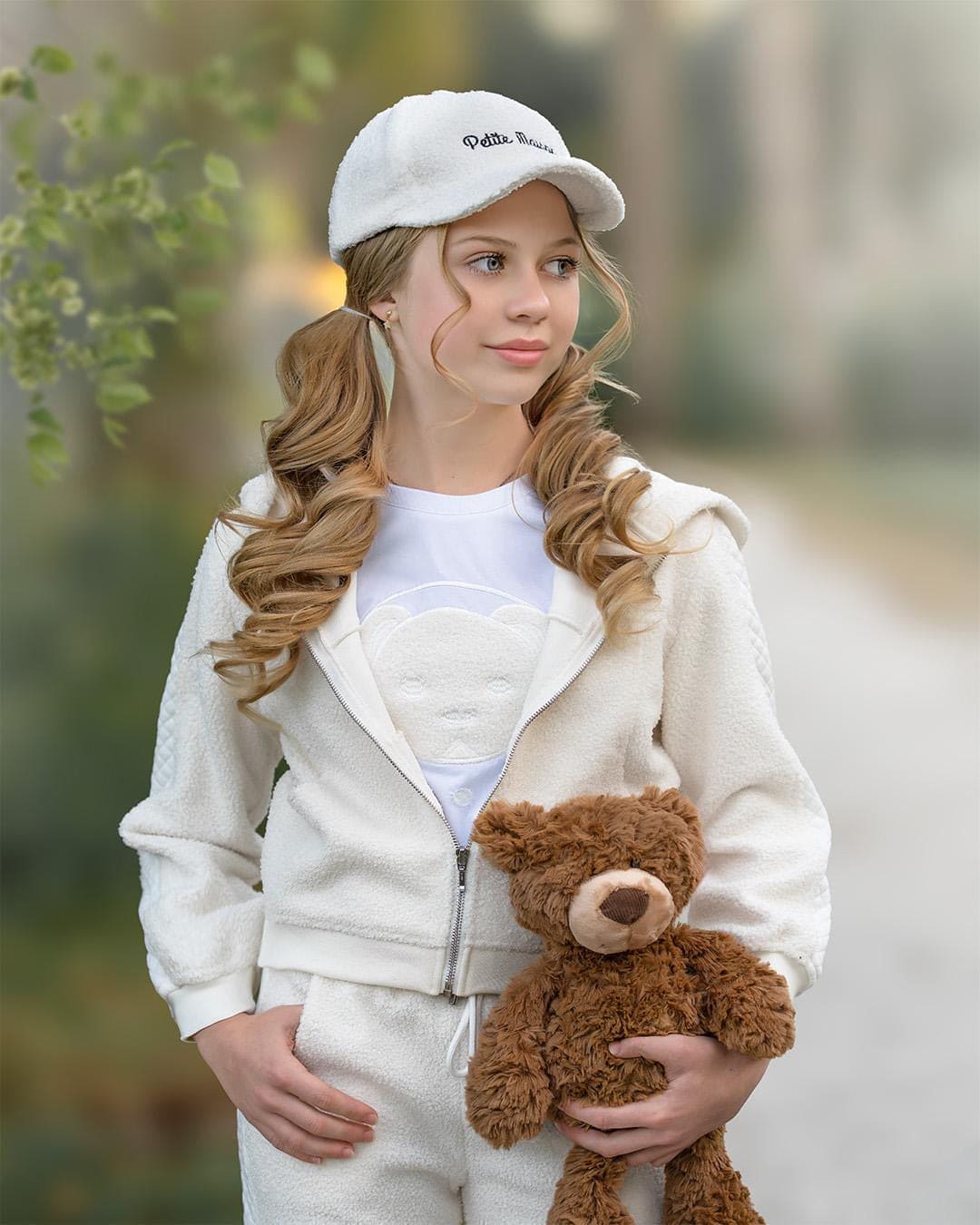 fur white teddy Petite Maison Kids logo hat. super cute to pair with the teddy collection 