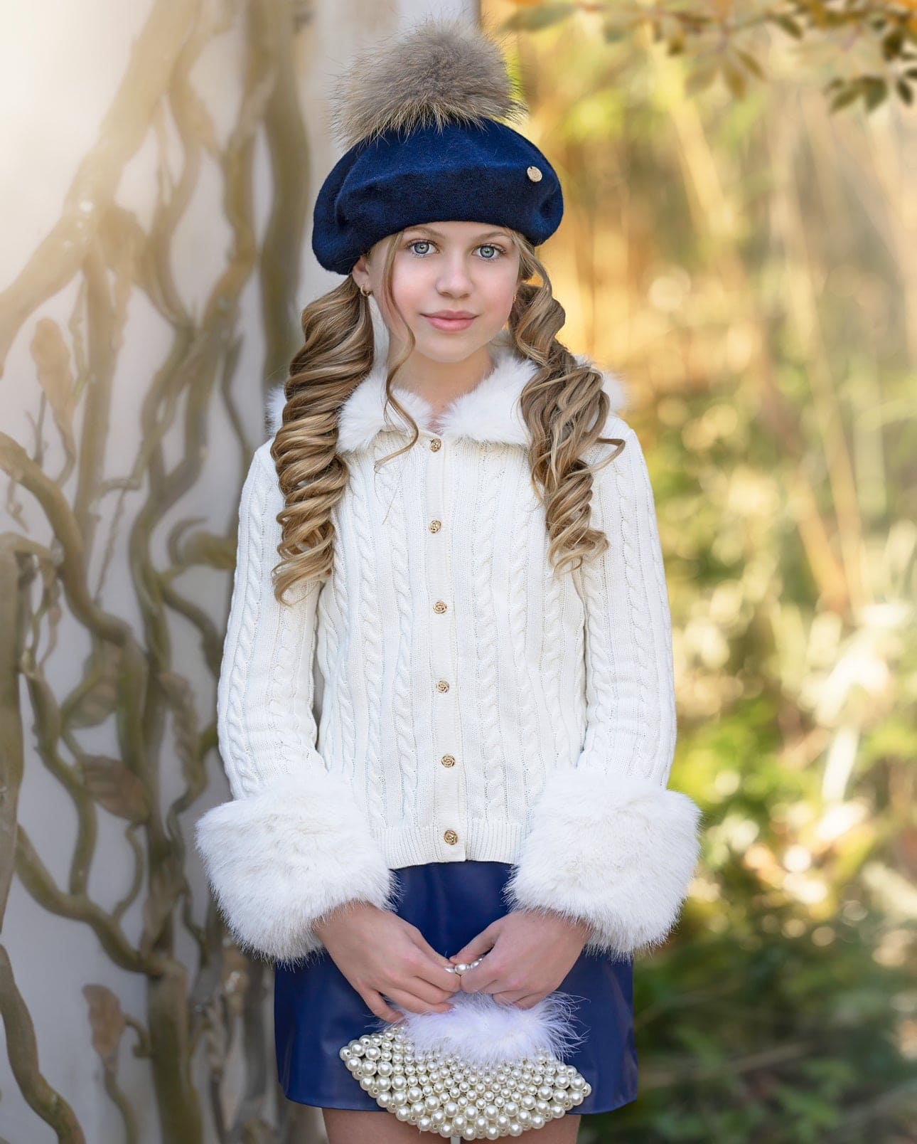 Baby Girls | Cableknit Faux Fur Cotton Cardigan | White