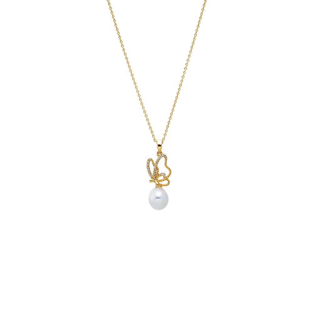Gold Pave Flying Butterfly Pearl Pendant Necklace - Adina's Jewels