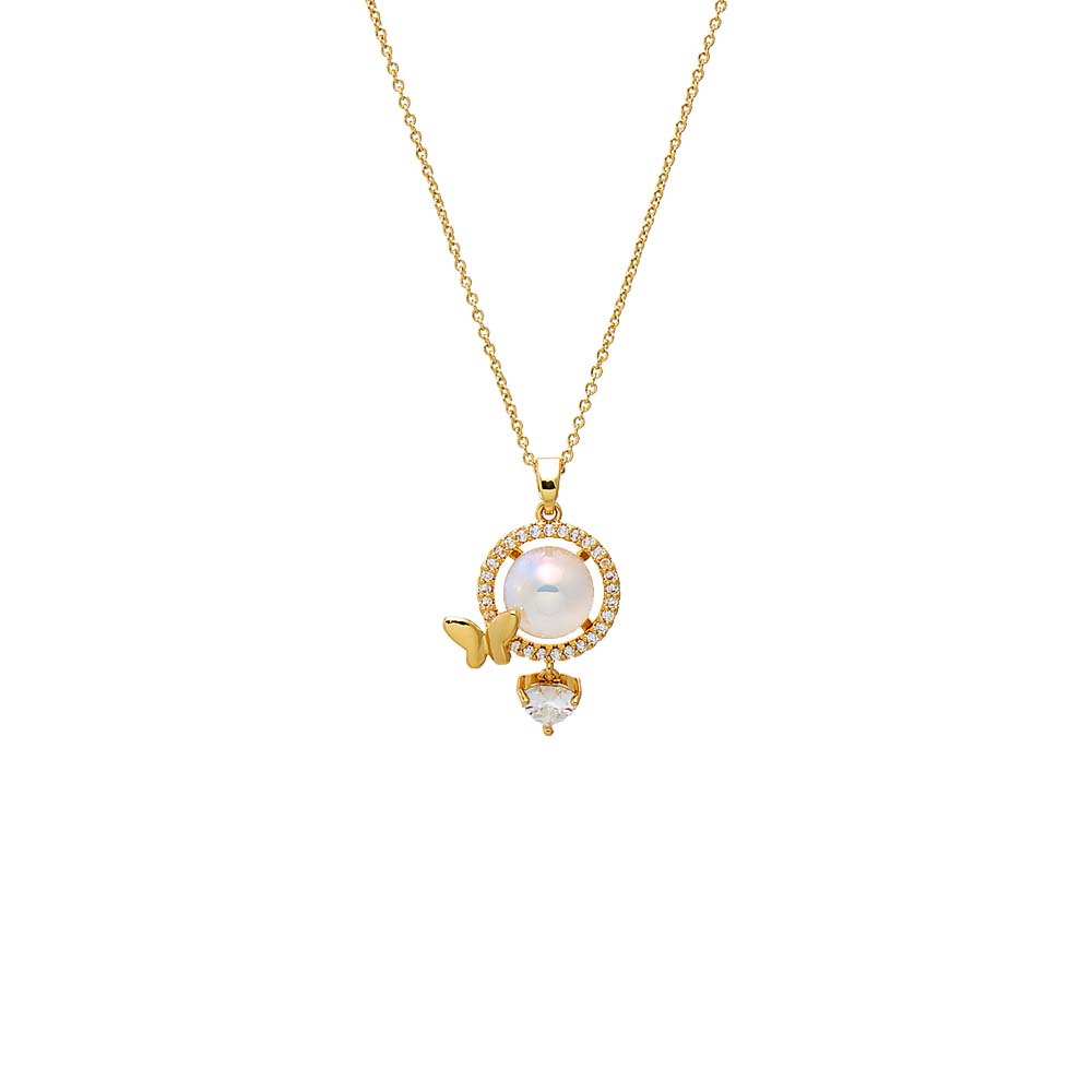 Gold Pave Circle Butterfly Pearl Pendant Necklace - Adina's Jewels