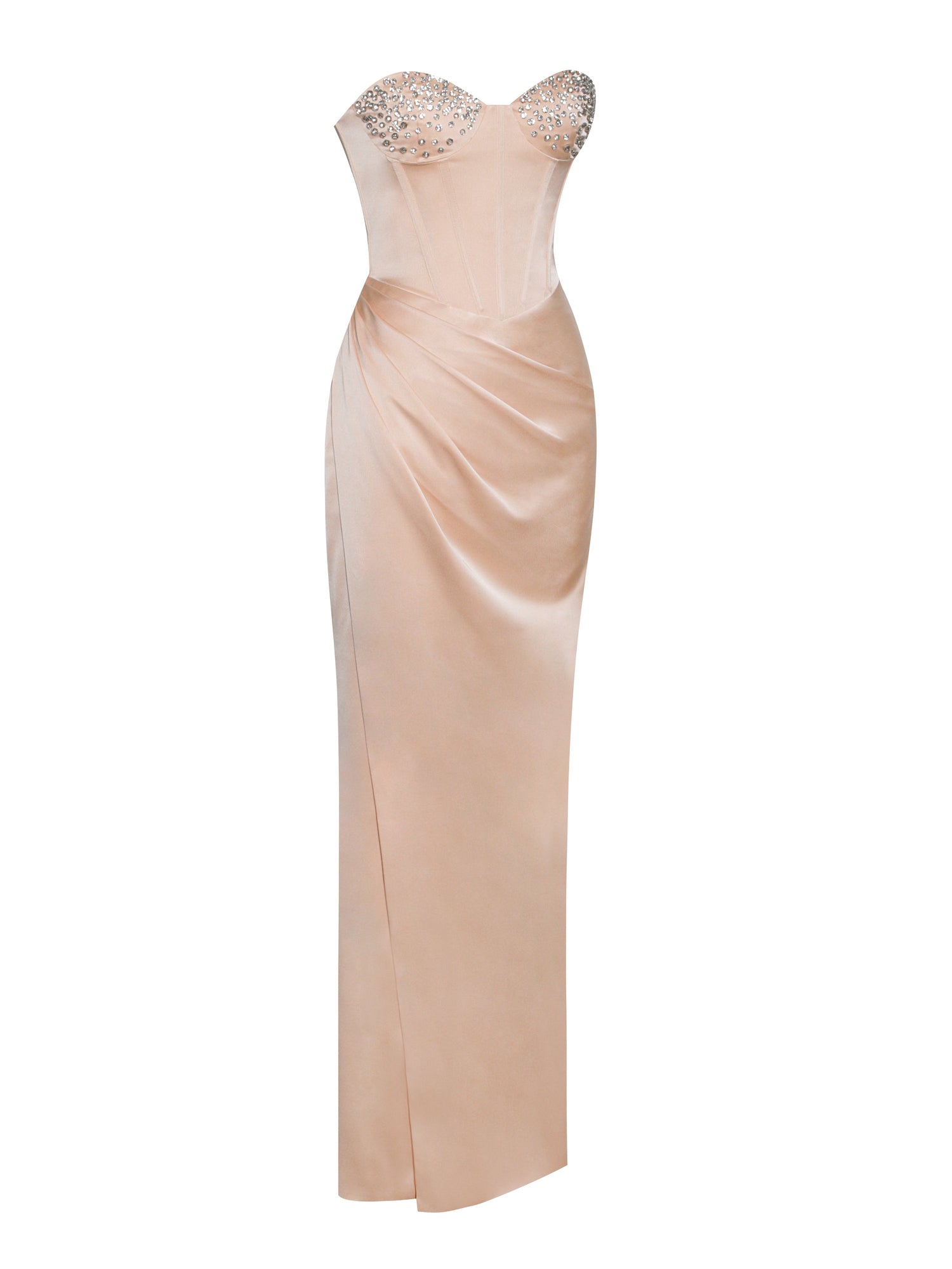 Amelia Satin Corset Slit Gown With Crystal Embellished | Blush