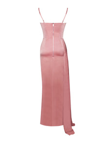 Vanity Blush Satin High Slit Draping Corset Gown With Crystals | Pink