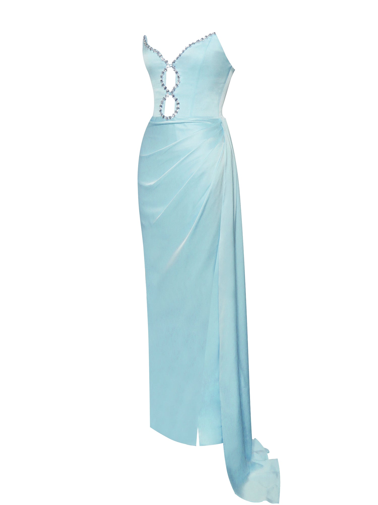 Marilyn Pale Satin Crystal Embellished High Slit Gown | Blue