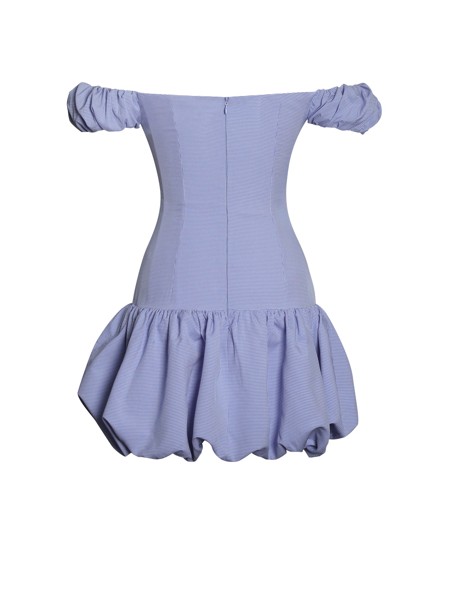 Miss Circle | Sablee Checkered Puffy Off Shoulder Trim Bubble Hem Mini Dress
