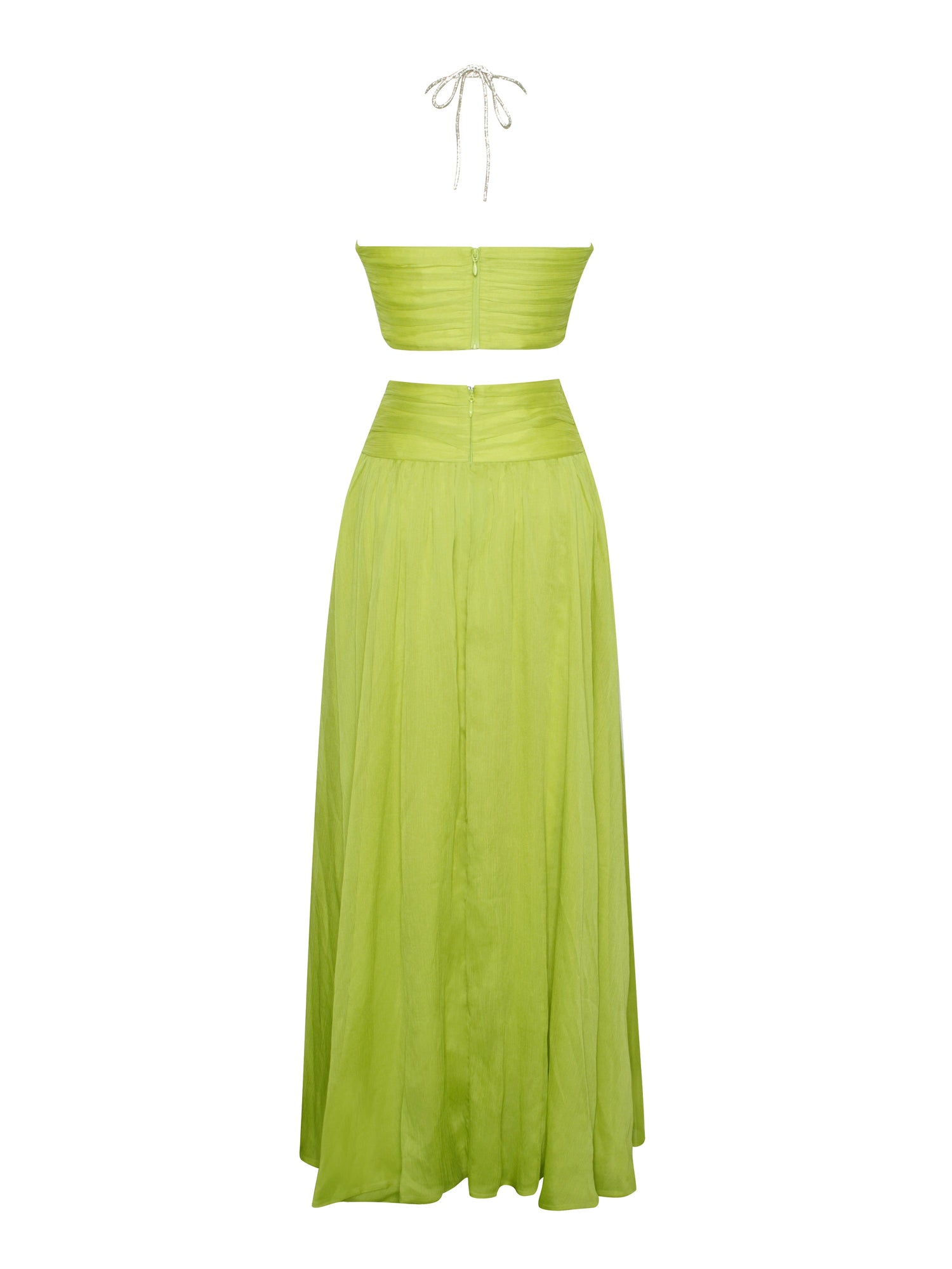 Quinby Lemon Chiffon Pleated Lace Up Maxi Dress | Green