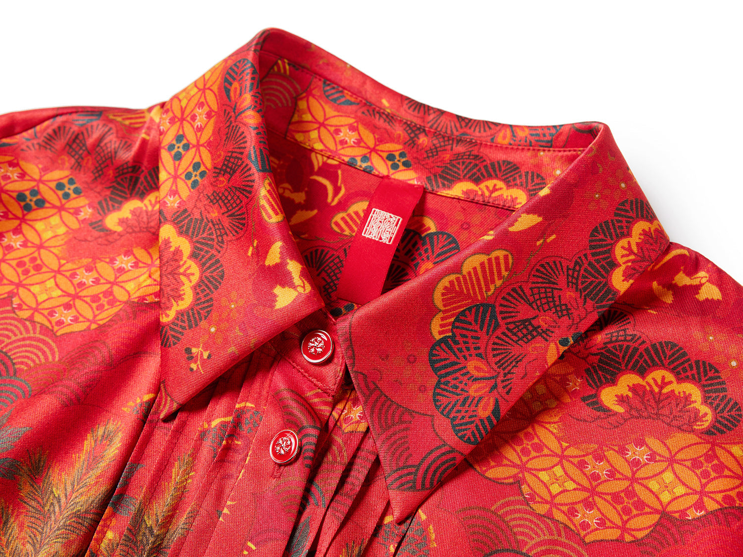 Chinese-Style Printed Belted Blouse | Red