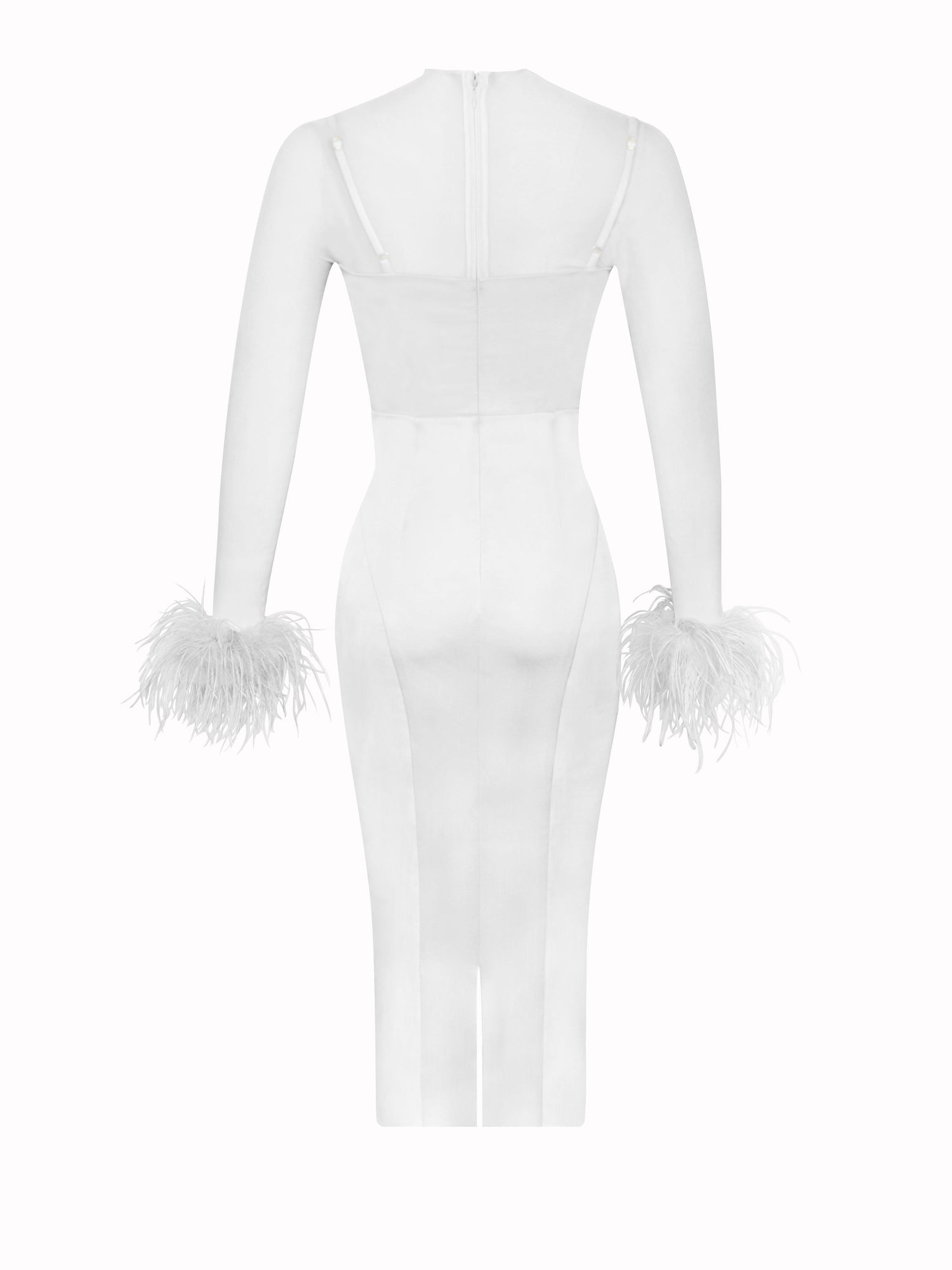 Oaklie Satin Mesh Sleeve Dress With Feathers | White