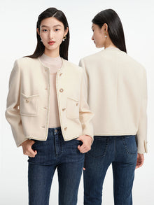 Trimmed Double Woolen Jacket | White