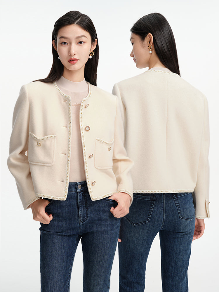 Trimmed Double Woolen Jacket | White