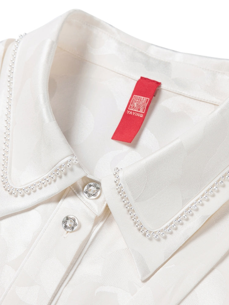 Small-Collar Straight-Cut Satin Shirt | White