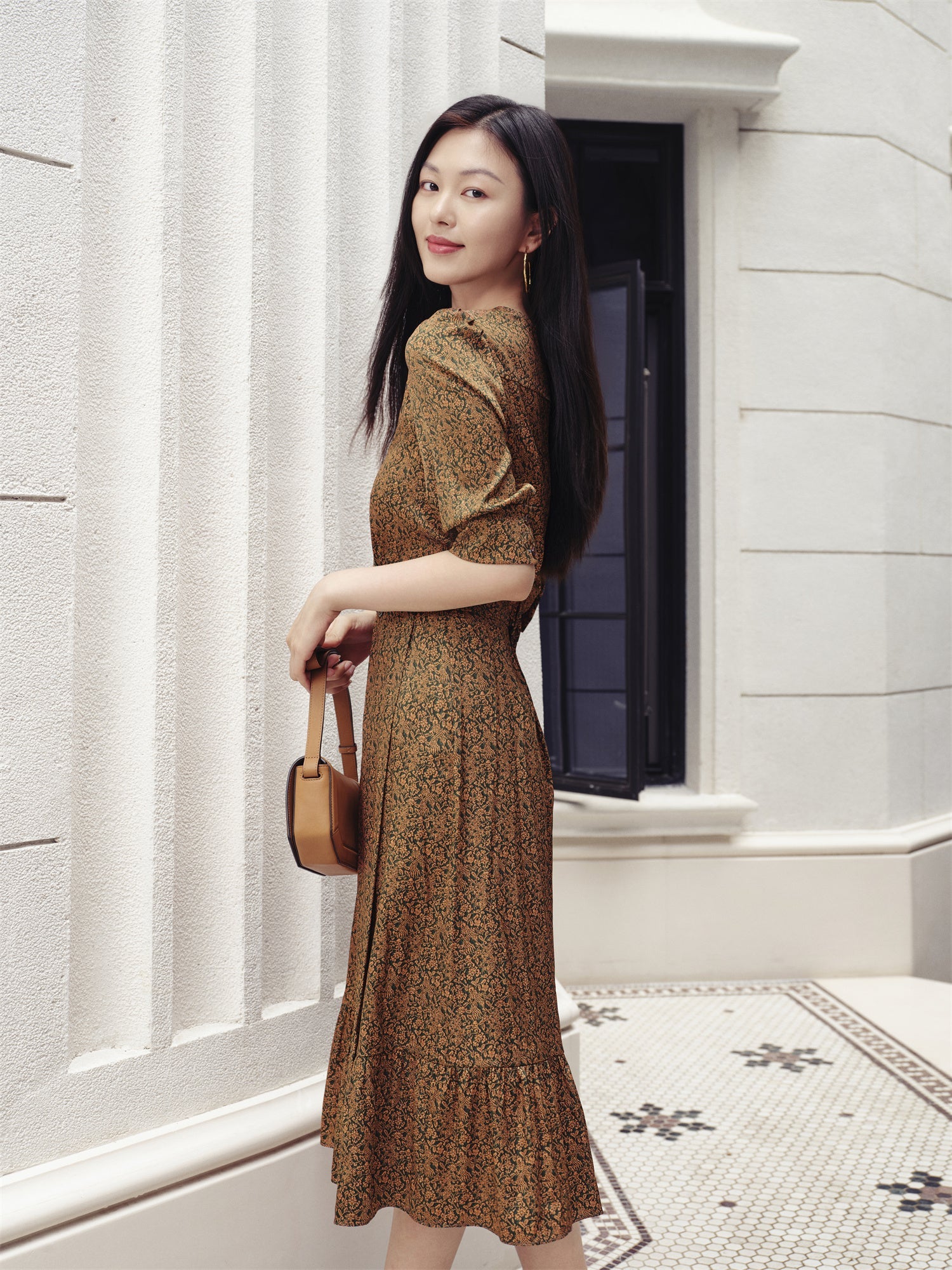 One-Piece Tea-Length Dress | Brown