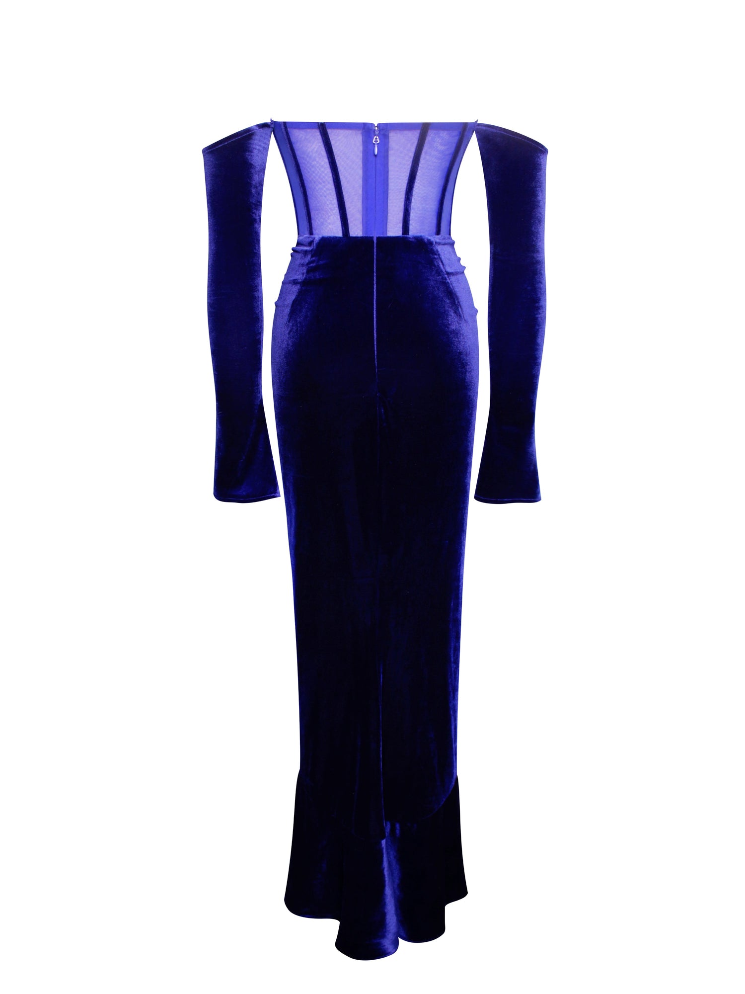 Taylee Long Sleeve Off Shoulder Corset Velvet Gown | Navy