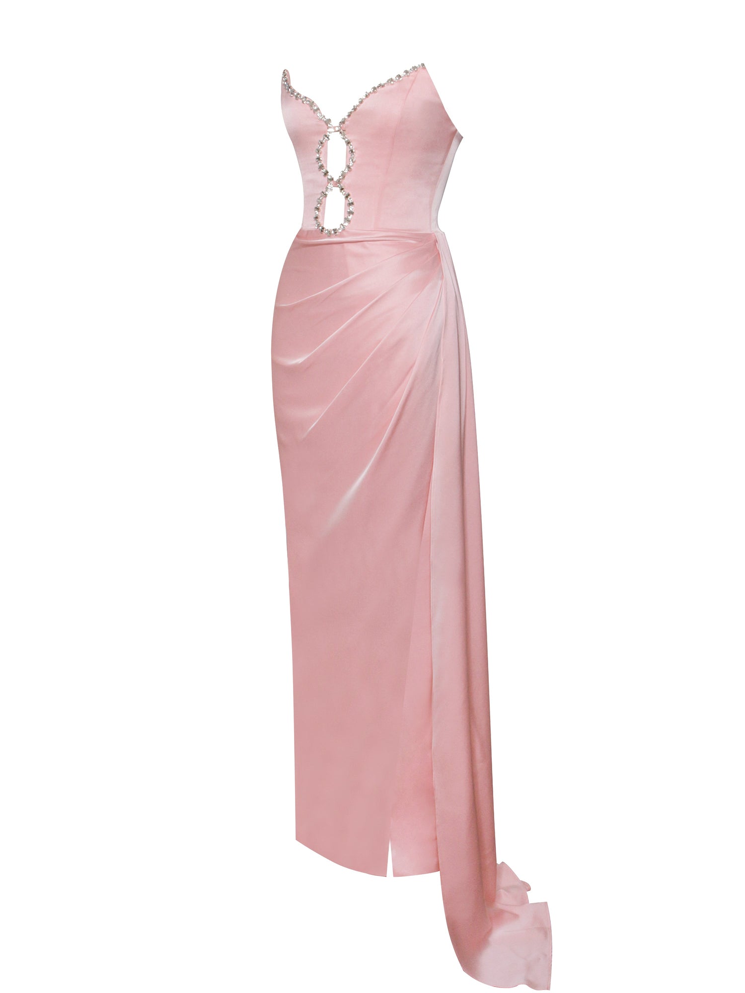 Marilyn Satin Crystal Embellished High Slit Gown | Pink