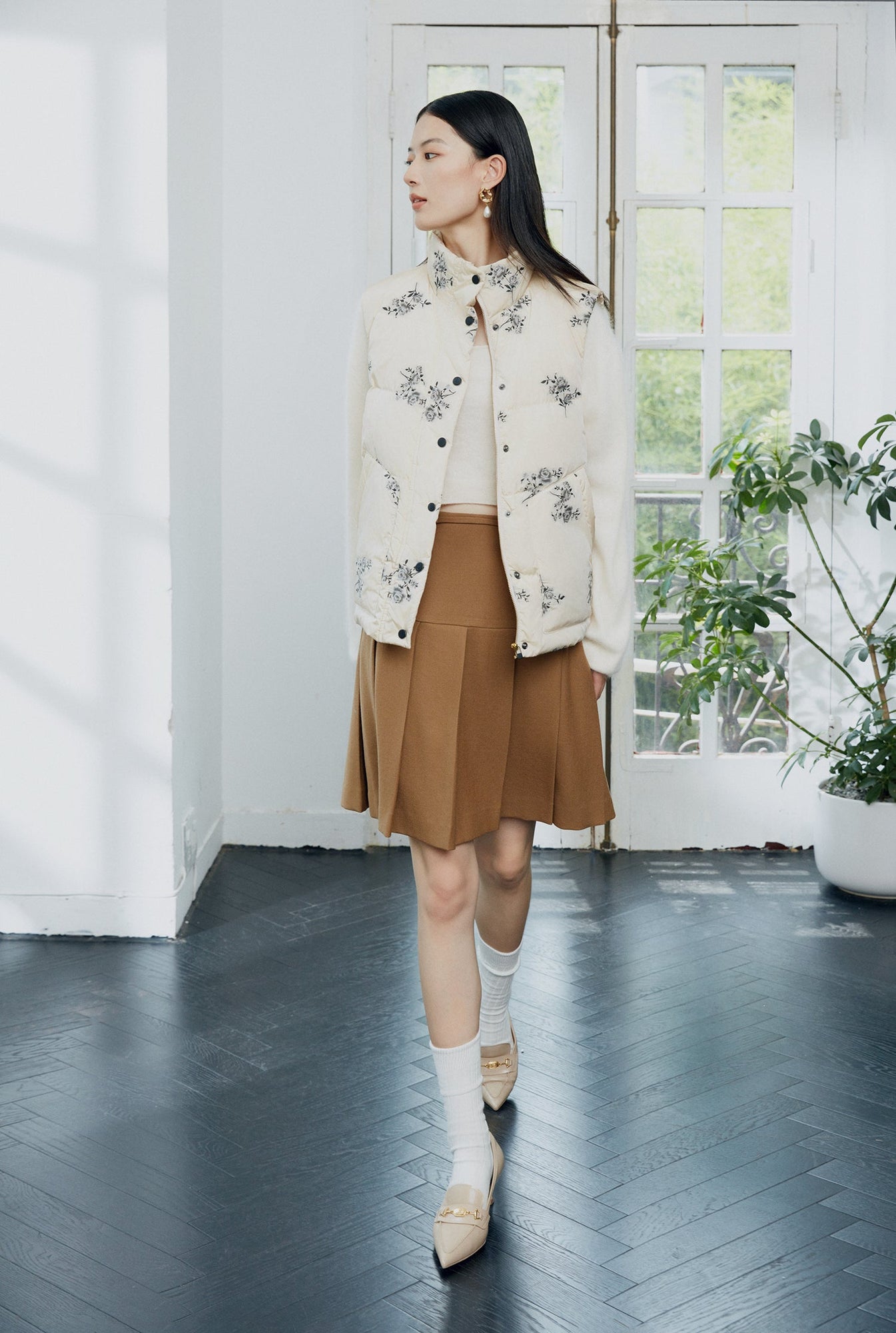 Printed Goose Down Vest | Beige