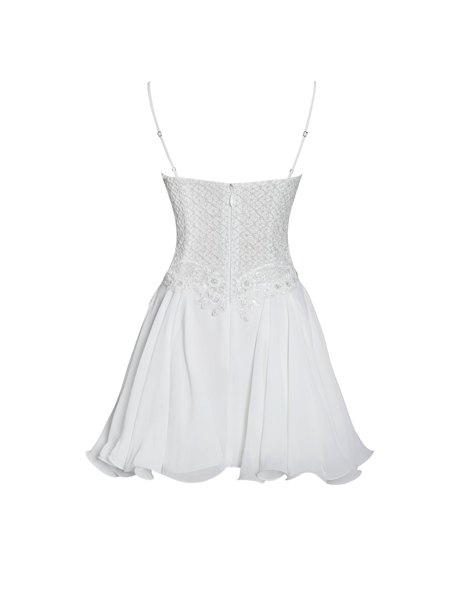 Fabiola Lace Trim Net Top Mini Flare Chiffon Dress | Silver