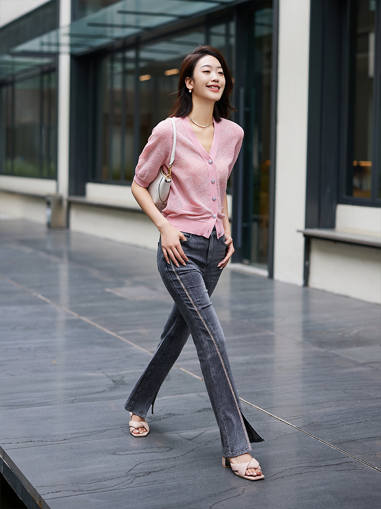 Embossed Slim Knit Cardigan | Pink